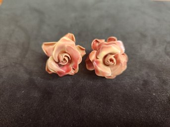 Pair Of Antique Hand Carved Ceramic Pink And White Swirl Rose Silver Screwback Earrings
