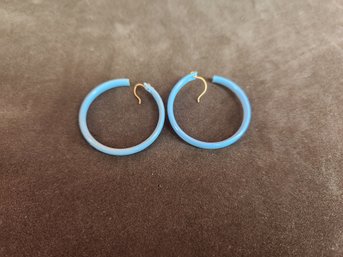 Vintage Blue Enamel Coated Hoop Loop Earrings