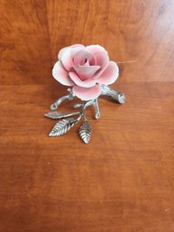 Silver Colored Ceramic Carved Pink White Rose