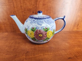 Hand Painted Ceramic Porcelain Tea Pot Floral Design Signed By Artist