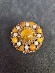 Antique Brooch With Pearls Orange Rhinestones Crystal Genstones Swirled Amber Center Stone Pin Broach Vintage
