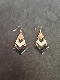 Gold Plated Enamel Painted Dangle Drop Earrings With Clear Rhinestone Crystal Gemstones Vintage