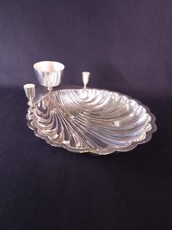 Unmarked Antique Silver Sea Shell Bowl And Three Candle Holders Koi Fish Foot