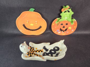 Lot Of Three Ceramic Hand Painted Candy Bowls Ghost Jack-O-Lantern Frankenstein Boo