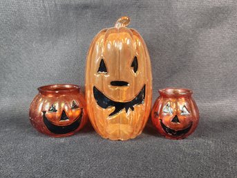 Lot Of Three Halloween Glass Candle Holder Jack-O-Lanterns