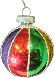 Vintage Shiny Brite Striped Multicolor Mercury Glass Ball Ornament Lined W/ Mica Red Green Yellow Blue Silver