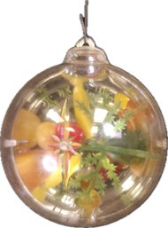 Vintage Jewel Brite Winter Flora Diorama Gold Glass Ball Ornament
