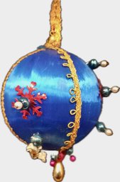 Vintage Thread Wrapped Glass Ball Ornament With Decorative Beads And Fabric Loop Blue Yellow