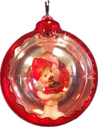 Vintage Jewel Brite Red And Silver Glass Ball Diorama Ornament Little Girl Eating Chocolate