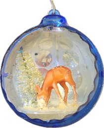 Vintage Jewel Brite Blue And Silver Glass Ball Diorama Ornament Deer And Christmas Tree