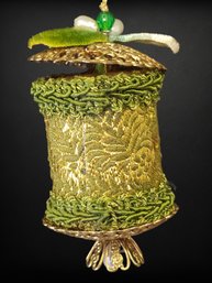 Green And Gold Vintage Cylinder Ornament With Leaves And Beads