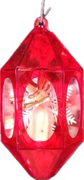 Vintage Jewel Brite Red And Silver Glass Diorama Ornament Angel And Snowflake