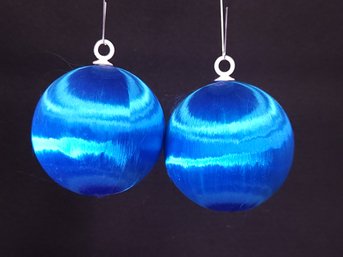 Pair Of Vintage Blue Thread Wrapped Glass Ball Ornaments