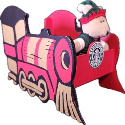 Vintage Starbucks Old Logo Christmas Train And Stuffed Animal Dressed As An Elf