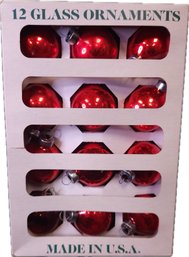 Vintage 12 Pack Red Glass Ball Ornaments Made In U.s.a.