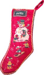Merry Christmas Sister Antique Double Sided Stocking Frosty The Snowman Children Playing Presents Snowflakes