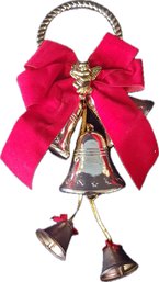 Red Bow Brass Colored Jingle Bells And Angel Cherub Cupid Door Bell Knocker Chime