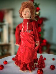 Antique Christmas Holiday Girl Child Moving Hand Painted Carved Wood Terracotta Clay