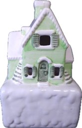 Porcelain Christmas Village House Green And White Hand Painted