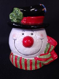Snowman Head Cookie Jar Hand Painted Ceramic China