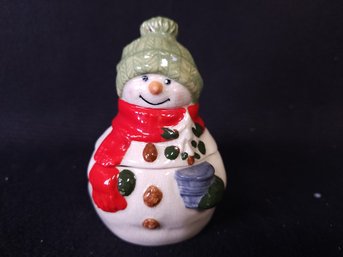 Miniature Snowman Cookie Jar Hand Painted Ceramic China