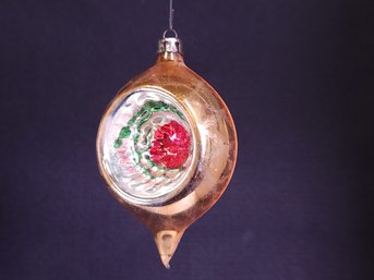 Vintage Shiny Brite Mercury Glass Hand Painted Indented Ovoid Ornament Gold Silver Red Green