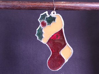 Stained Glass Stocking Ornament Holly Berry Leaf
