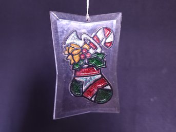 Vintage Stained Glass Stocking Ornament Filled With Candy Cane Holly And Silver Bugle