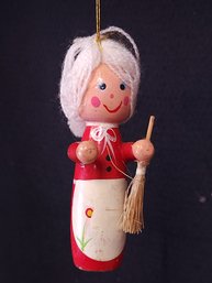 Mrs. Claus Ornament Hand Painted Carved Wood Grandma With Broom And Apron