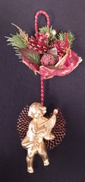 Gold Lute Playing Angel Cherub Cupid With Winter Flora Adornments Ornament