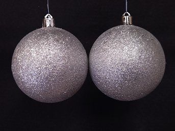 Pair Of Silver Glitter Glass Ball Ornaments With Silver Attachments