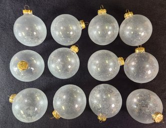 Lot Of 12 Frosted Vintage Frosted Glass Ball Ornamenta With Gold Attachments In Original Containers