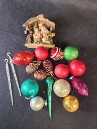 18 Piece Mixed Vintage Ornament Lot With Hand Painted Ceramic Nativity Scene