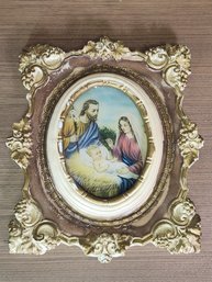 Hand Painted Nativity Scene Infant Baby Jesus Virgin Mary Saint Joseph Hand Carved Amd Painted Ceramic Frame