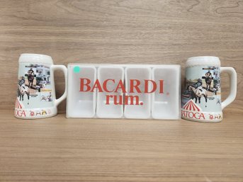 Barware Lot, 2 Ceramic Saratoga Horse Equestrian Themed Beer Steins And Bacardi Rum Cocktail Garnish Tray