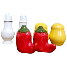 Lot Of Three Vintage Ceramic Salt And Pepper S&p Shakers, Chili Peppers, Yellow, White Brown Stripe