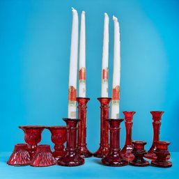 Lot Vintage Red Colored Glass Candle Holders And New Sealed 12' White Candlesticks