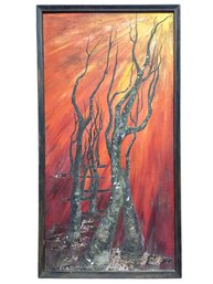 Antique Painting On Wood Of Torched Trees In A Forest Fire By Elena Eritta