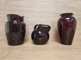 Lot Of Three Antique Ruby Red Depression Glass 2 Pitchers 1 Vase