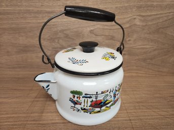 Vintage Midcentury Modern Tea Kettle Pot White MCM Mod Enamel Abstract Hyper Modern Googie Picasso Esque