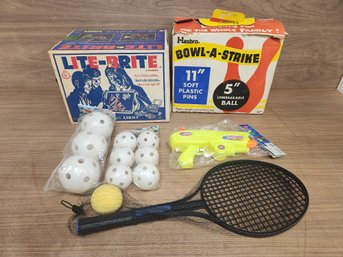 Lot Of Vintage Toys, Lite Brite, Bowl-a-strike, Whiffle Ball, Super Soaker, Junior Family Lawn Tennis