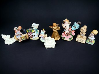 9 Piece Lot Of Decorative Hand Painted Ceramic And Porcelain Statues