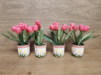 Lot Of Four Faux Fake Tulips In Hand Painted Ceramic Pots With Tulips Painted On Them