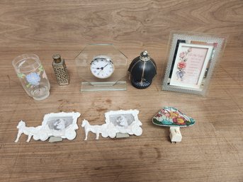 8 Piece Lot 3 Picture Frames, Glass Frame Quartz Clock, 2 Antique Perfume Bottles, Stained Glass Night Light