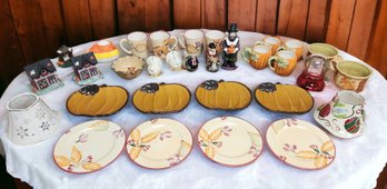 31 Piece Lot Of Ceramic Home Decor Fall And Winter Seasonal Mugs Dishware Candle Holders Halloween Village!
