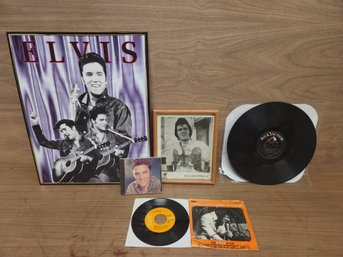 5 Piece Lot Of Elvis Memorabilia, Autograph, Christmas Album LP, Top 10 Cd, Poster And Vintage 45 Single