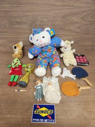 13 Piece Vintage Toy Lot Stuffed Animals Puppet Dolls Ping Pong More