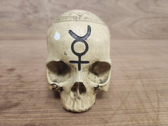 Human Skull Alchemy Symbols Etched And Painted On
