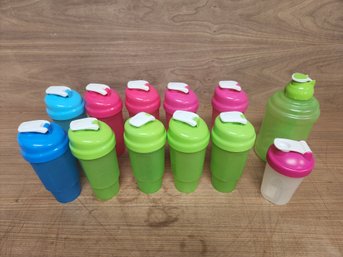 12 Piece Lot Green Pink And Blue Workout Shake Water Travel Cups Various Sizes Plastic