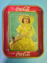 Antique 1938 Coca-cola Metal Serving Tray Beautiful Woman Yellow Dress And Hat Vintage Advertising Decor